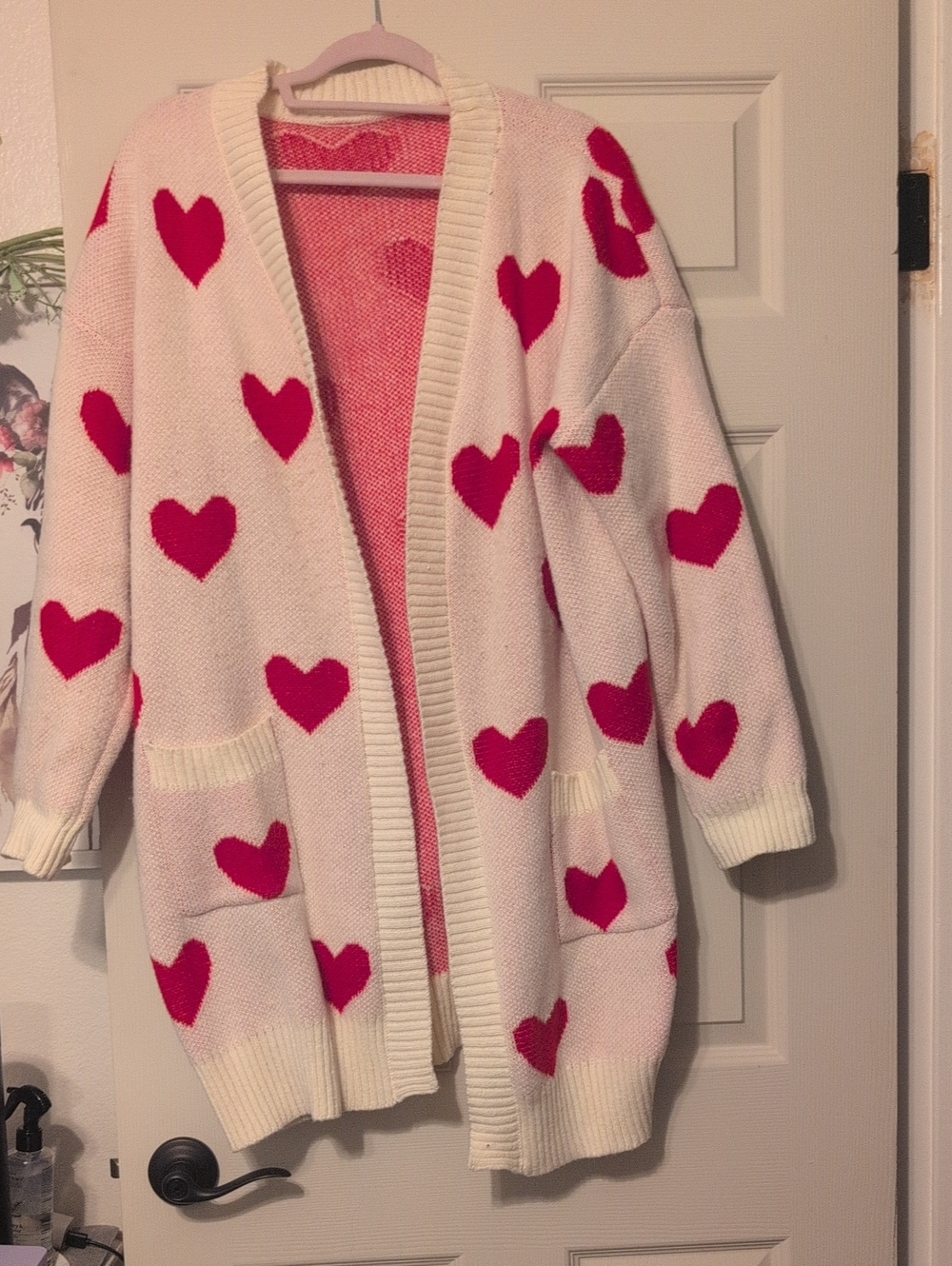 Cream and Red Heart Open-Front Women's Cardigan Sweater